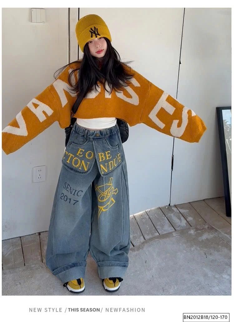 SÉT ÁO LEN CROPTOP MIX QUẦN JEAN CHỮ CÁ TÍNH LÓT LÔNG CỪU