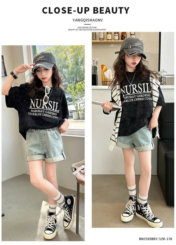 SÉT ÁO THUN CHỮ NURSIL MIX QUẦN SHORT JEAN GẤP GẤU