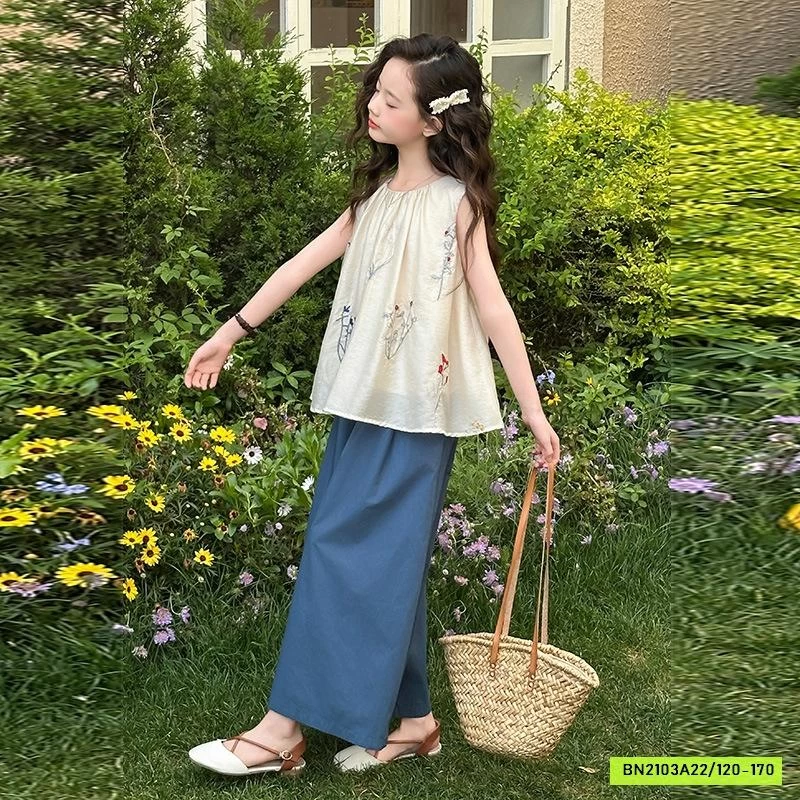 ÁO ĐŨI BABYDOLL THÊU HOA MIX QUẦN ỐNG RỘNG