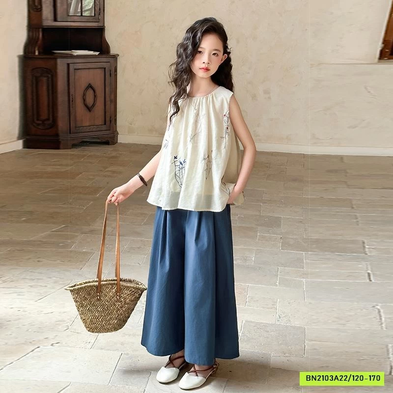 ÁO ĐŨI BABYDOLL THÊU HOA MIX QUẦN ỐNG RỘNG