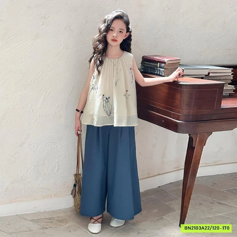 ÁO ĐŨI BABYDOLL THÊU HOA MIX QUẦN ỐNG RỘNG