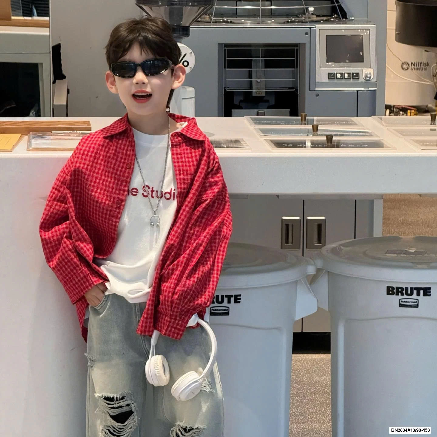 SƠ MI CARO ĐỎ MIX JEANS SUÔNG