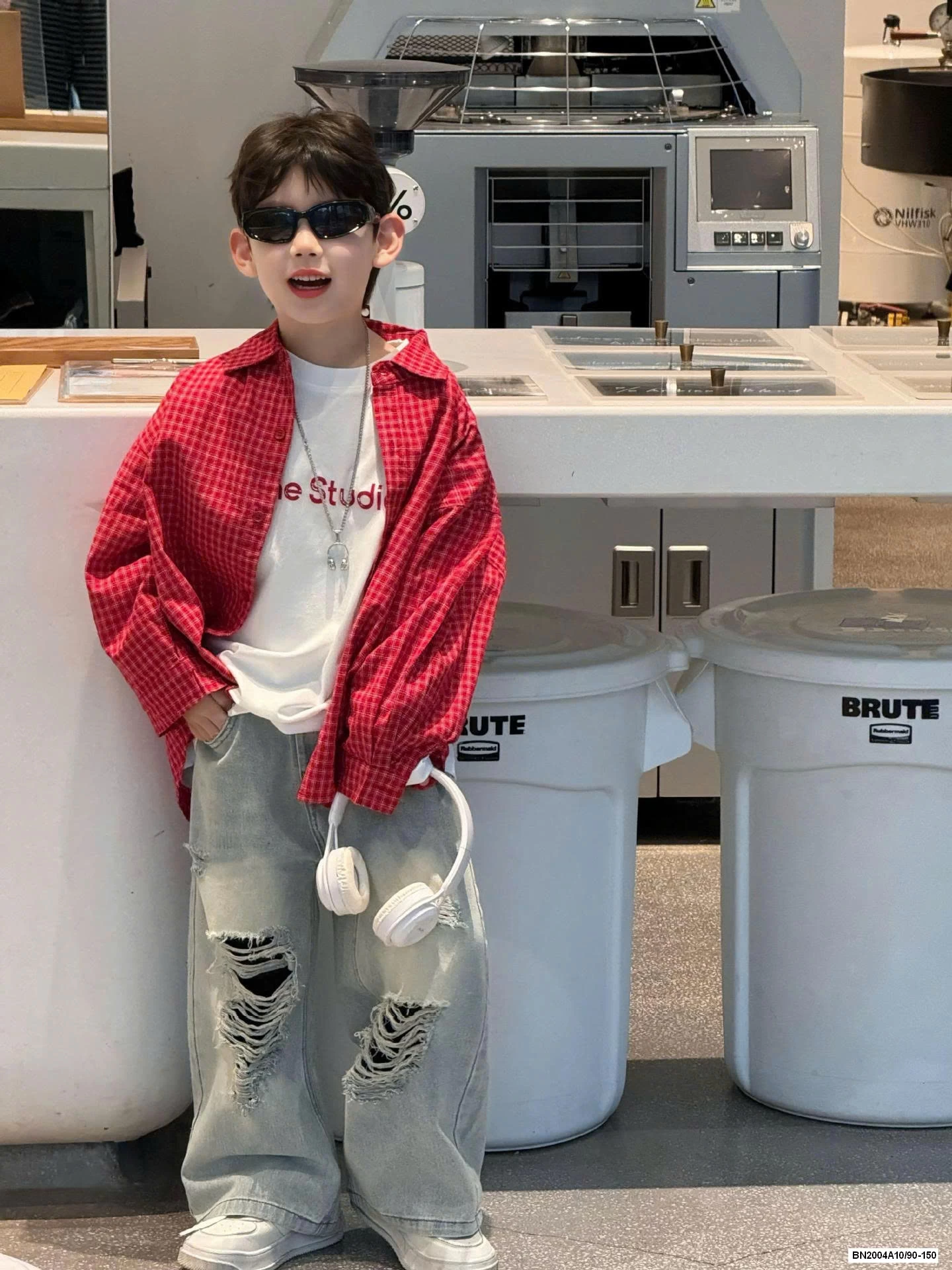 SƠ MI CARO ĐỎ MIX JEANS SUÔNG