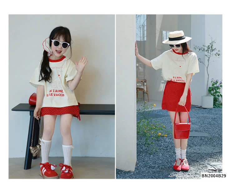 SÉT ÁO THUN MIX QUẦN VÁY ĐỎ CHÂM BI