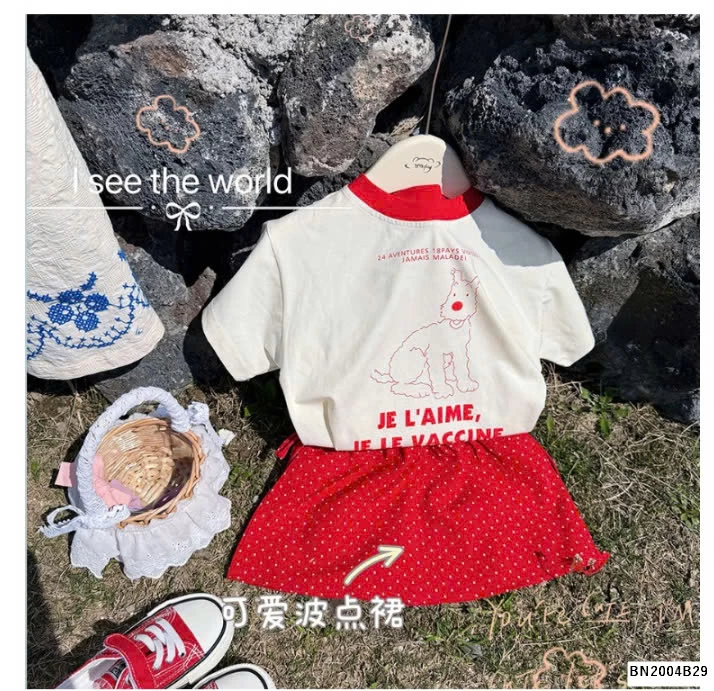 SÉT ÁO THUN MIX QUẦN VÁY ĐỎ CHÂM BI