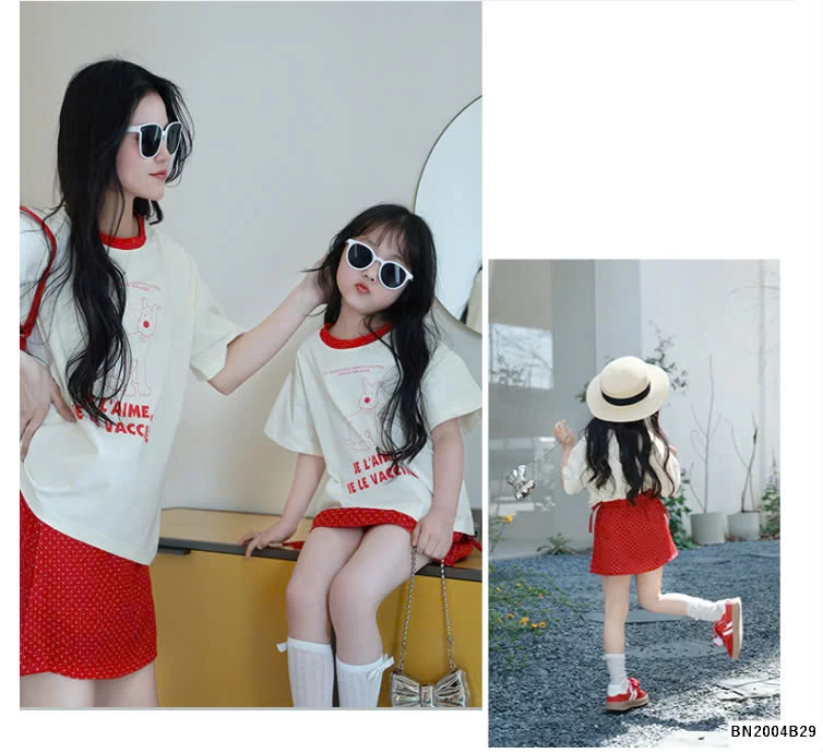 SÉT ÁO THUN MIX QUẦN VÁY ĐỎ CHÂM BI