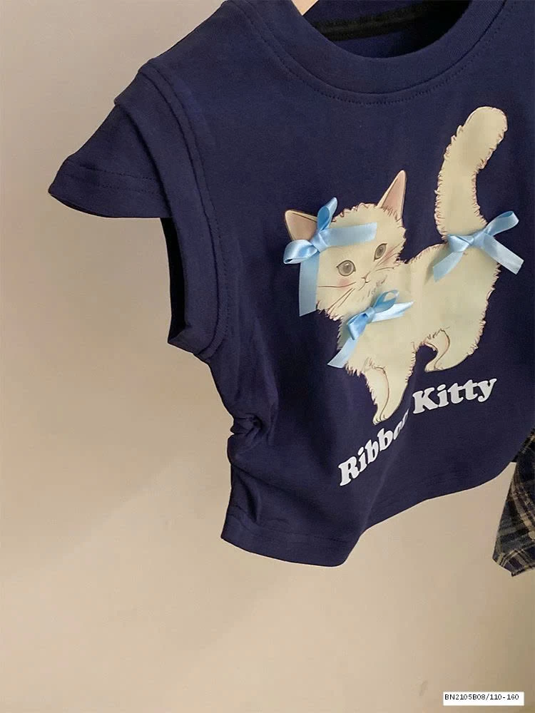 SÉT ÁO THUN CON MÈO MIX CHÂN VÁY CARO BUỘC NƠ