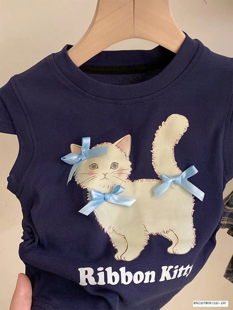 SÉT ÁO THUN CON MÈO MIX CHÂN VÁY CARO BUỘC NƠ