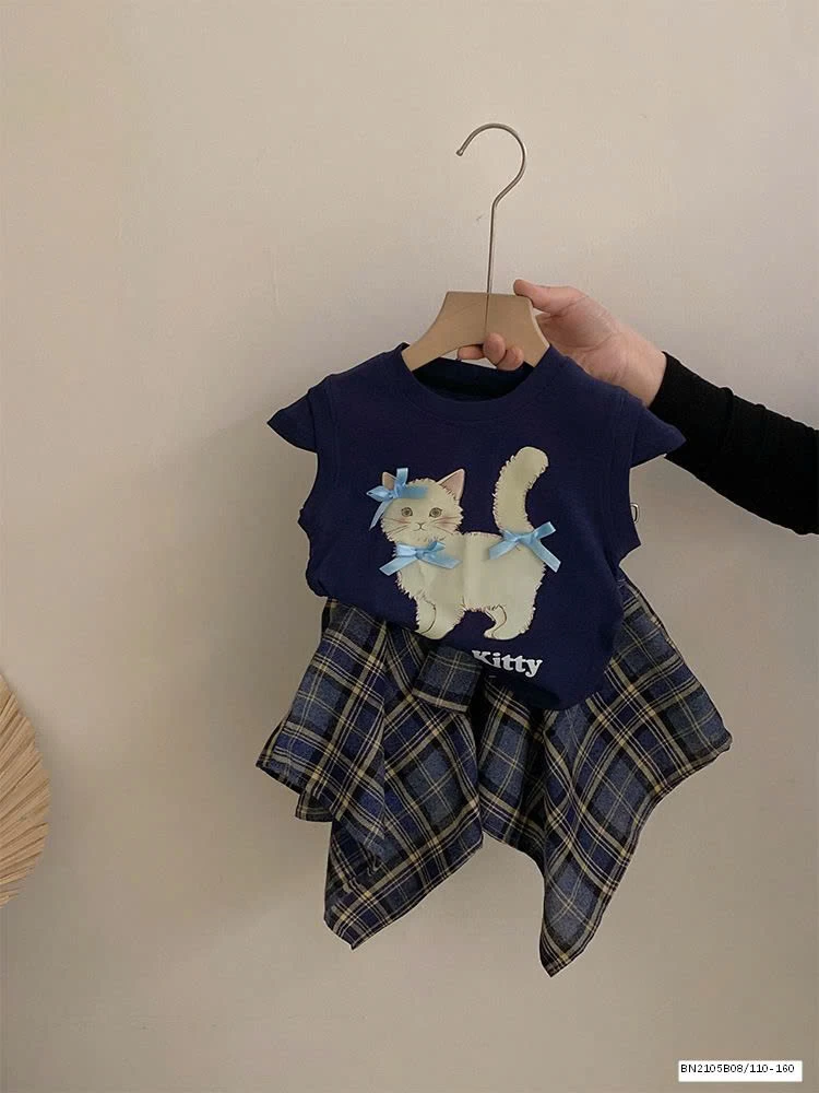 SÉT ÁO THUN CON MÈO MIX CHÂN VÁY CARO BUỘC NƠ