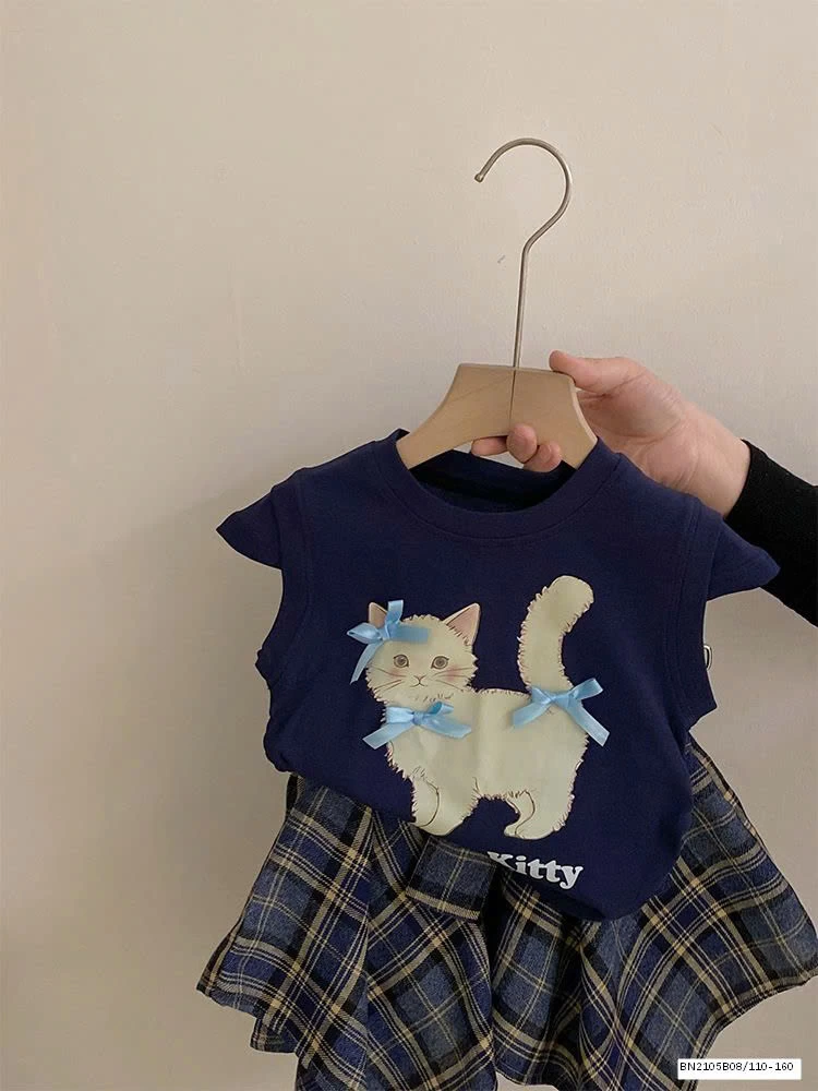 SÉT ÁO THUN CON MÈO MIX CHÂN VÁY CARO BUỘC NƠ