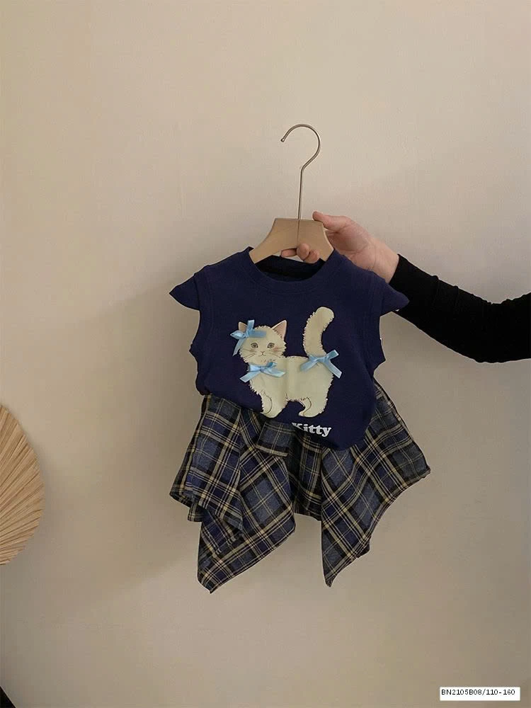 SÉT ÁO THUN CON MÈO MIX CHÂN VÁY CARO BUỘC NƠ