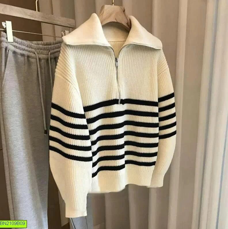 ÁO LEN CỔ KHÓA KẺ NGANG