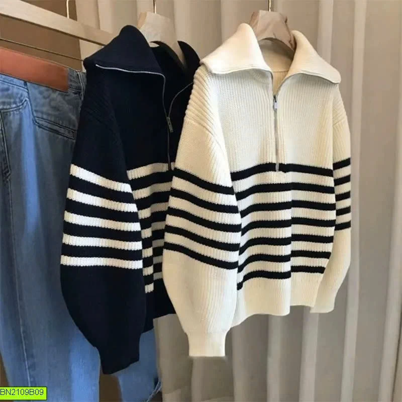ÁO LEN CỔ KHÓA KẺ NGANG