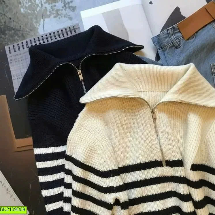 ÁO LEN CỔ KHÓA KẺ NGANG