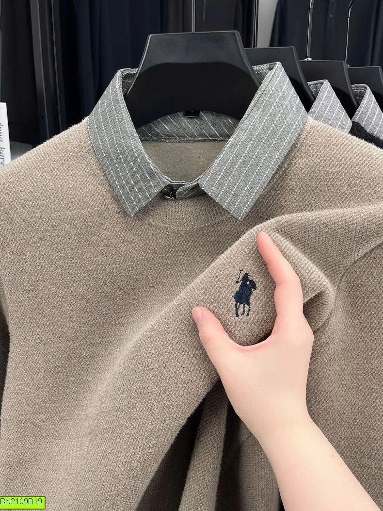 ÁO LEN NAM PHỐI CỔ SƠ MI THÊU NGỰA