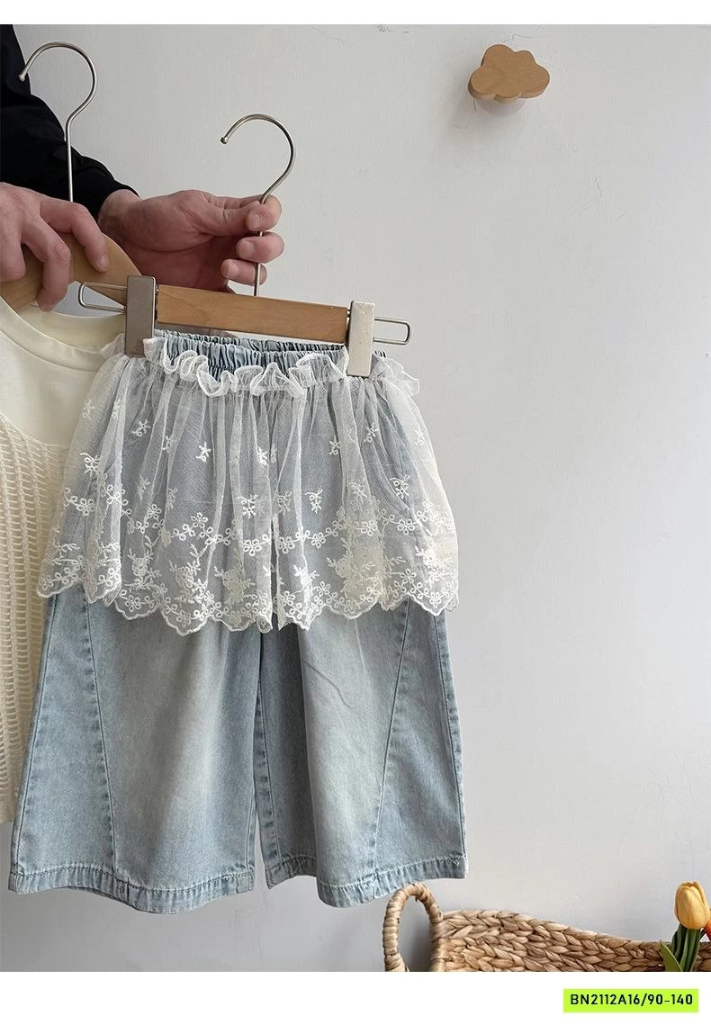 SÉT ÁO LƯỚI MIX JEANS SUÔNG CHOÀNG REN