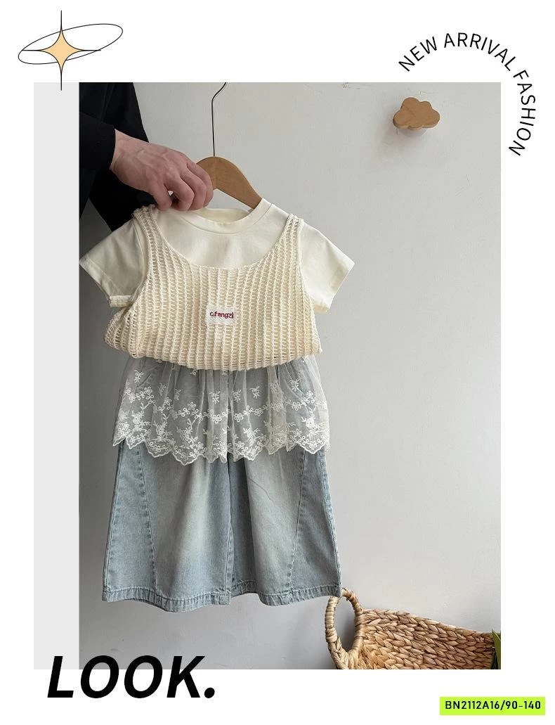 SÉT ÁO LƯỚI MIX JEANS SUÔNG CHOÀNG REN