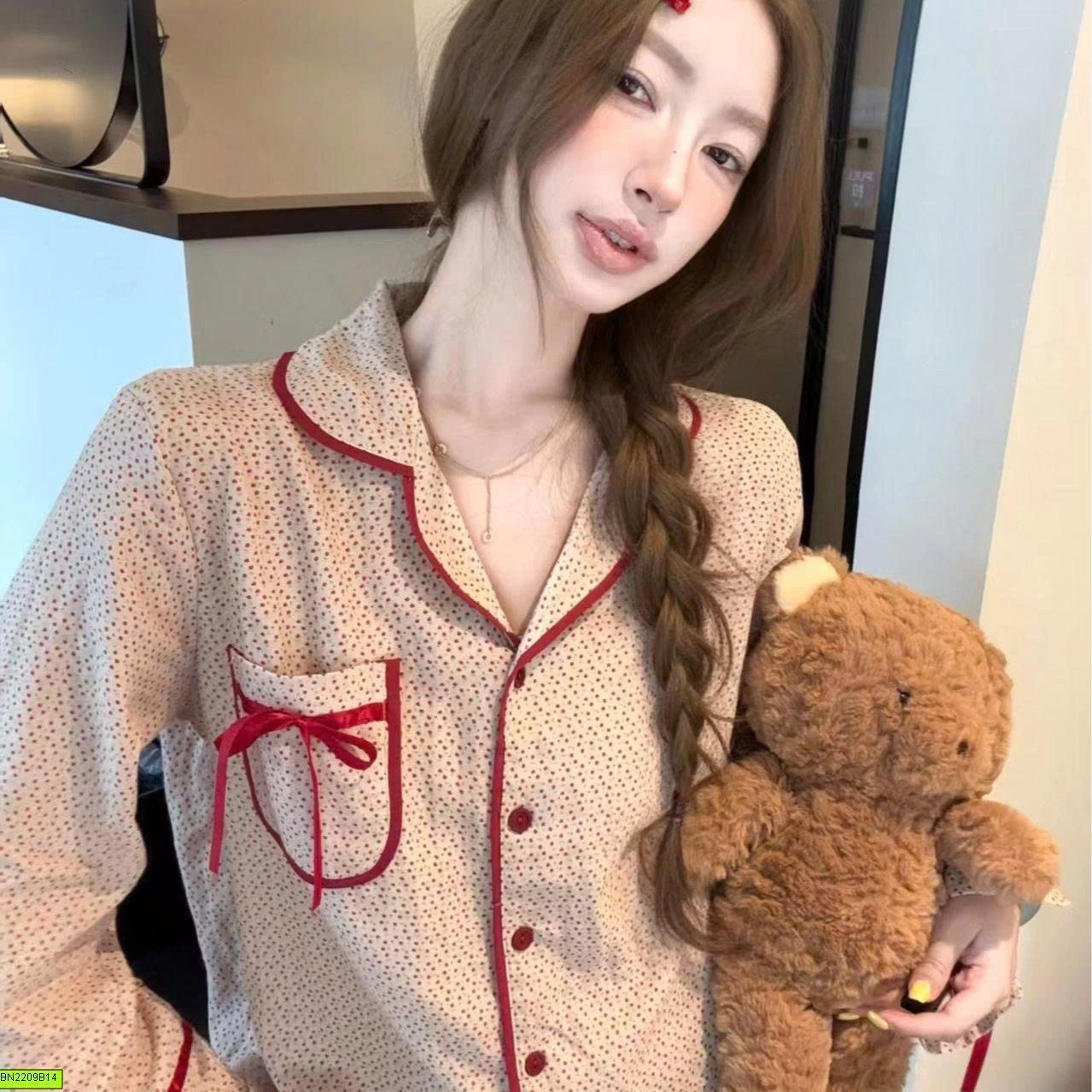 SET PIJAMA NỮ DÀI TAY NƠ ĐỎ