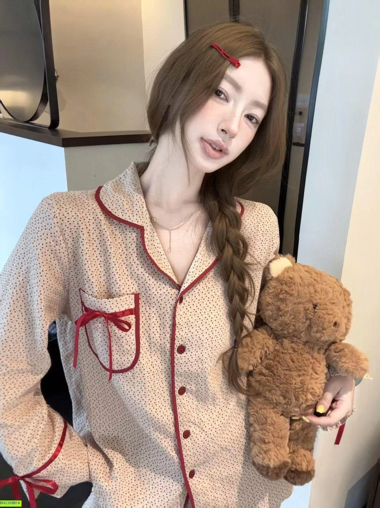 SET PIJAMA NỮ DÀI TAY NƠ ĐỎ