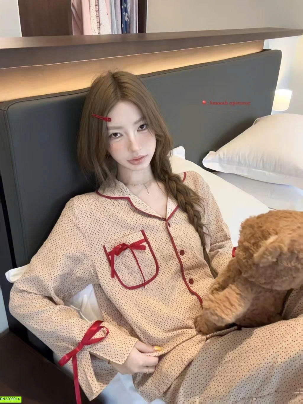 SET PIJAMA NỮ DÀI TAY NƠ ĐỎ