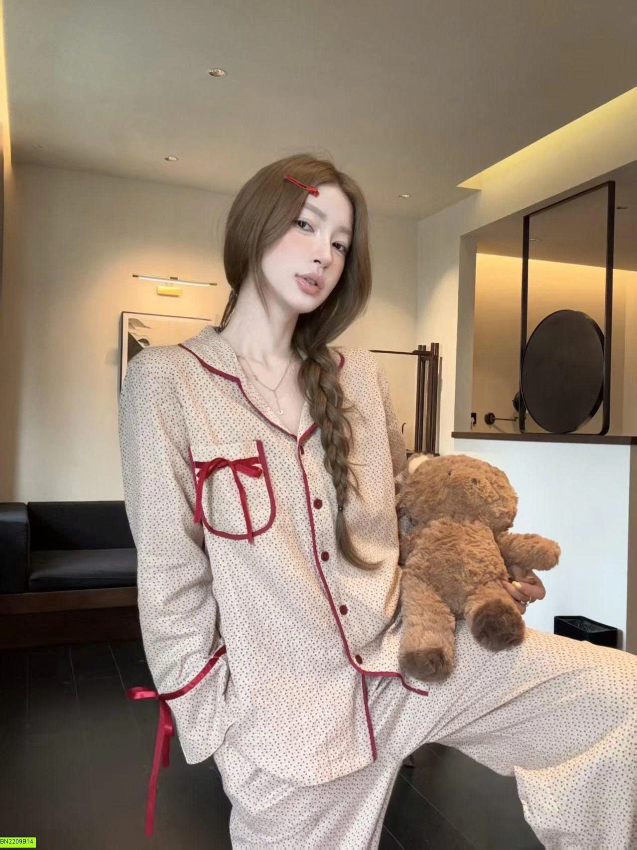 SET PIJAMA NỮ DÀI TAY NƠ ĐỎ