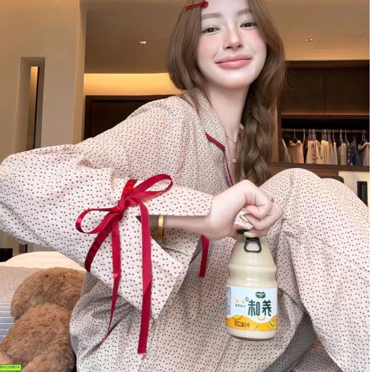 SET PIJAMA NỮ DÀI TAY NƠ ĐỎ