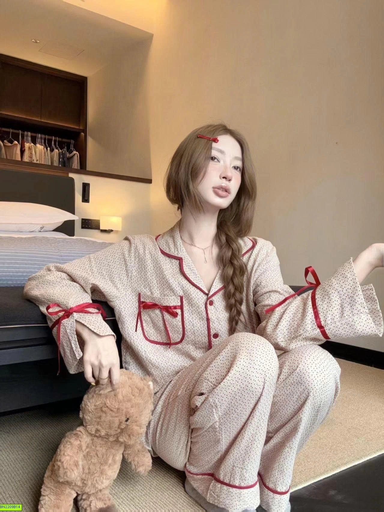 SET PIJAMA NỮ DÀI TAY NƠ ĐỎ