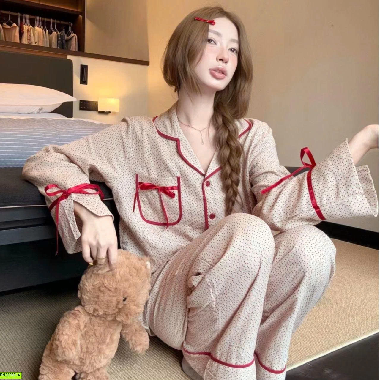 SET PIJAMA NỮ DÀI TAY NƠ ĐỎ