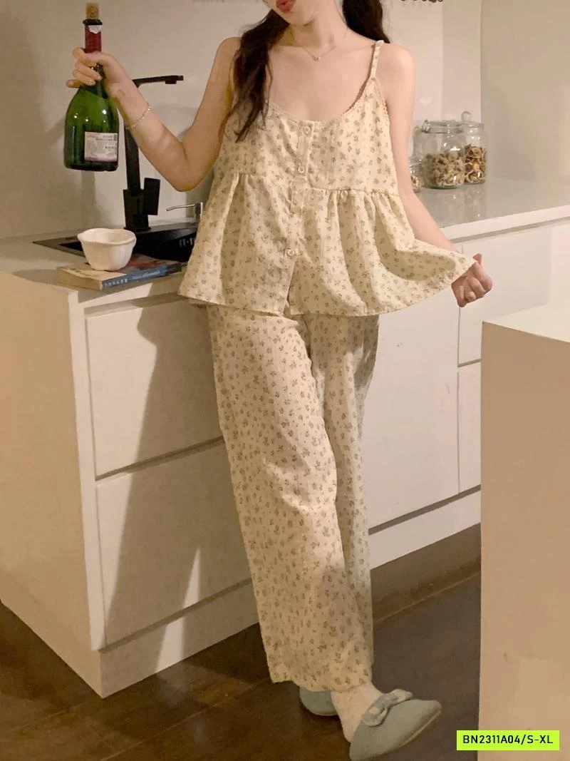 BỘ MẶC NHÀ HOA NHÍ QUẦN DÀI ÁO 2S