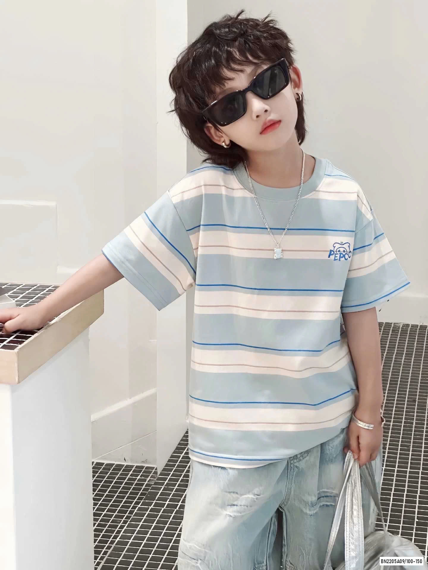 ÁO KẺ XANH MIX SHORT JEANS TUA GẤU