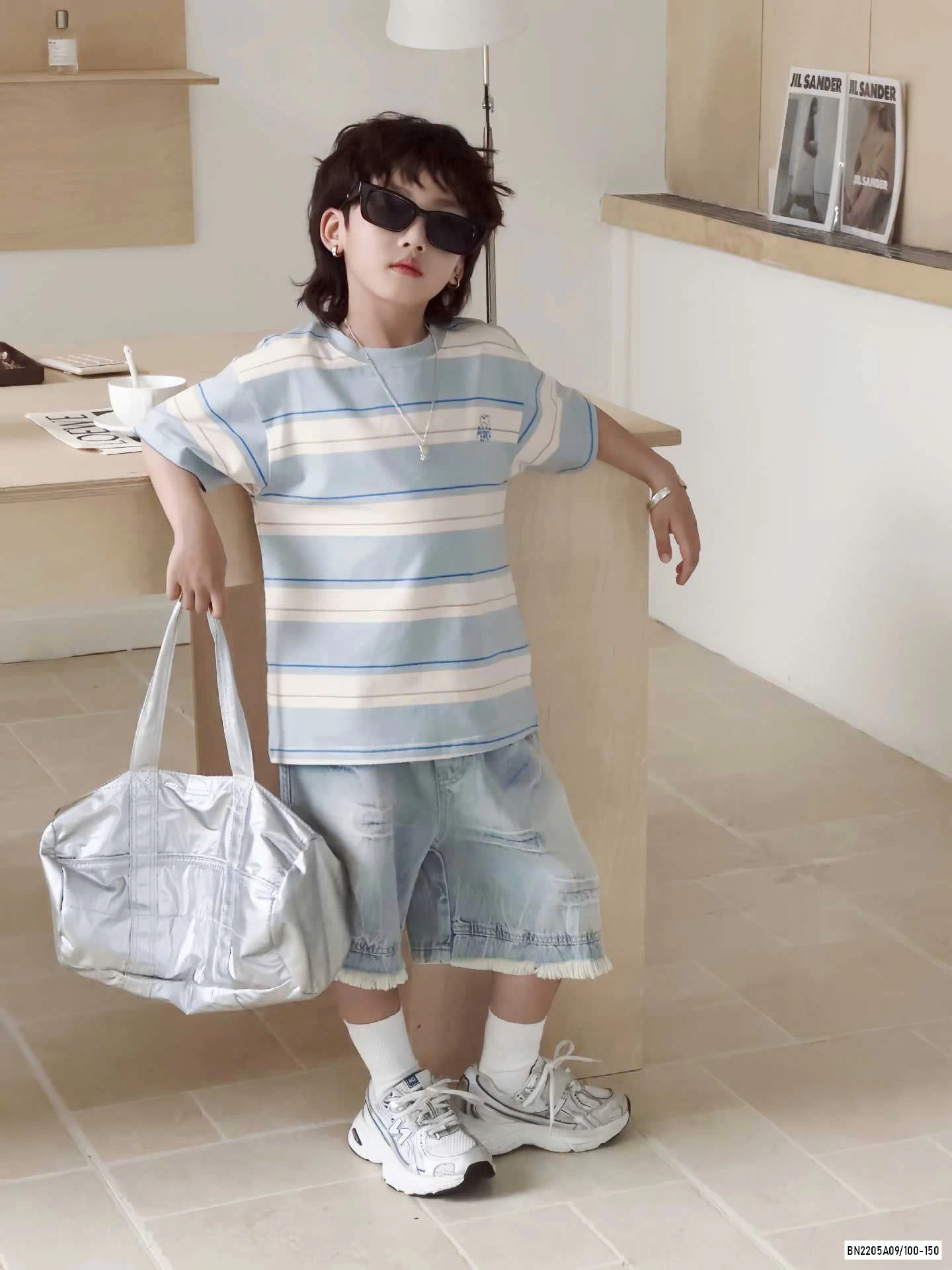 ÁO KẺ XANH MIX SHORT JEANS TUA GẤU