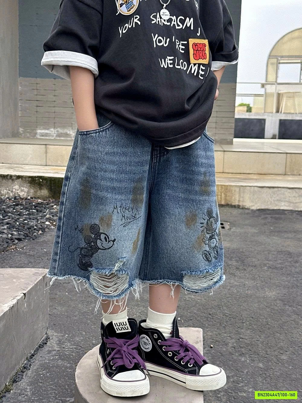 TANKTOP ĐEN MIX SHORT MICKEY RÁCH GẤU AFTE