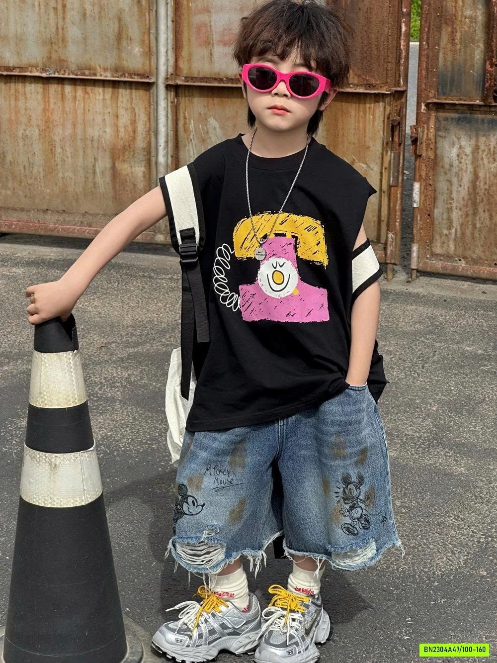 TANKTOP ĐEN MIX SHORT MICKEY RÁCH GẤU AFTE