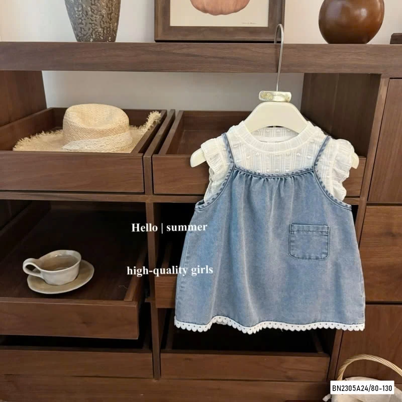 SÉT ĐẦM JEANS 2 DÂY ÁO REN