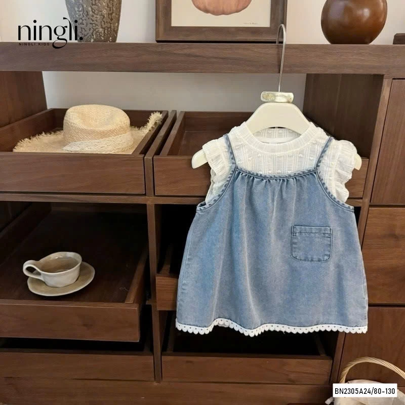 SÉT ĐẦM JEANS 2 DÂY ÁO REN