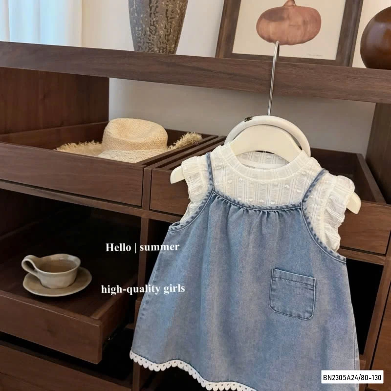 SÉT ĐẦM JEANS 2 DÂY ÁO REN