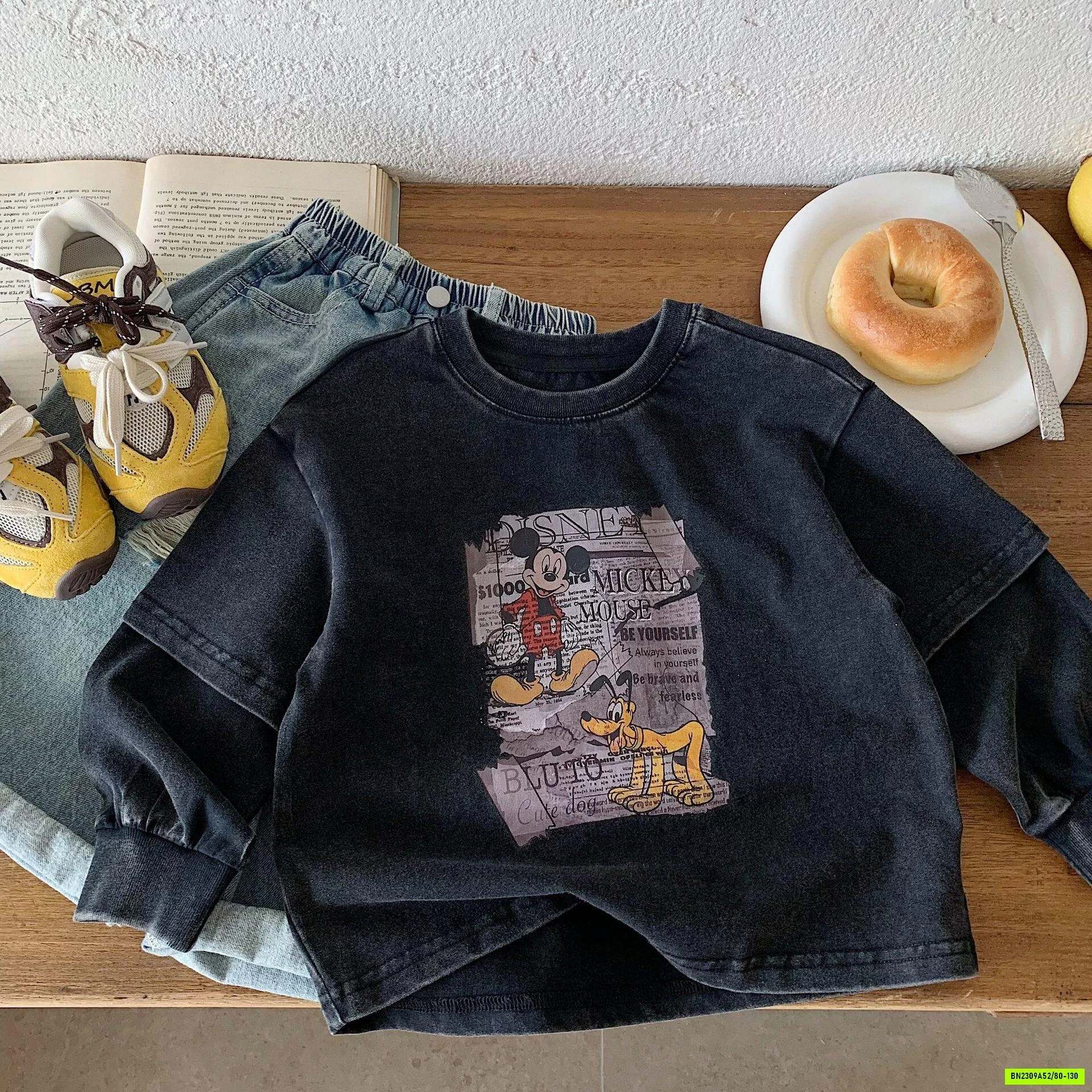 THUN MICKEY ĐEN BẠC MÀU TAY NỐI
