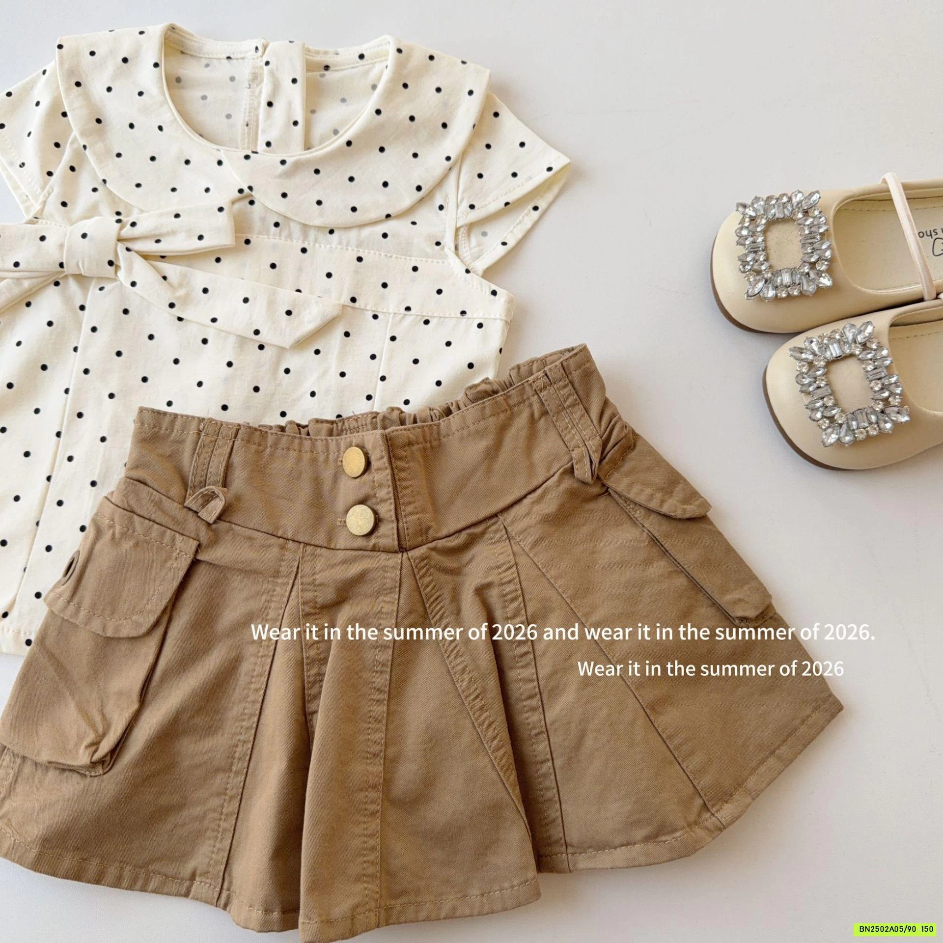 ÁO CHẤM BI NƠ MIX CV NÂU T&Q KIDS