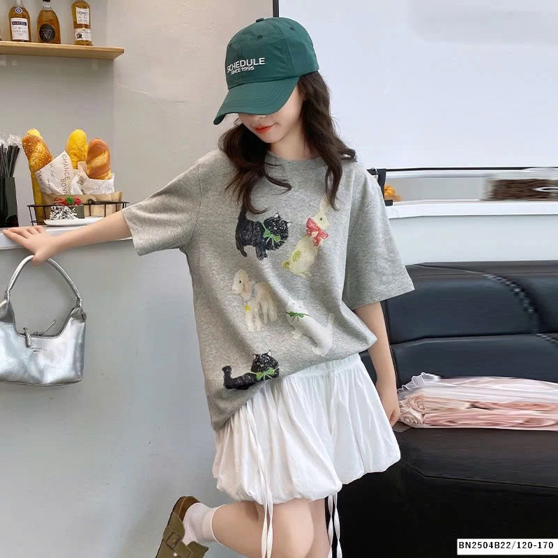 ÁO THUN IN MÈO THỎ MIX QUẦN VÁY TRẮNG