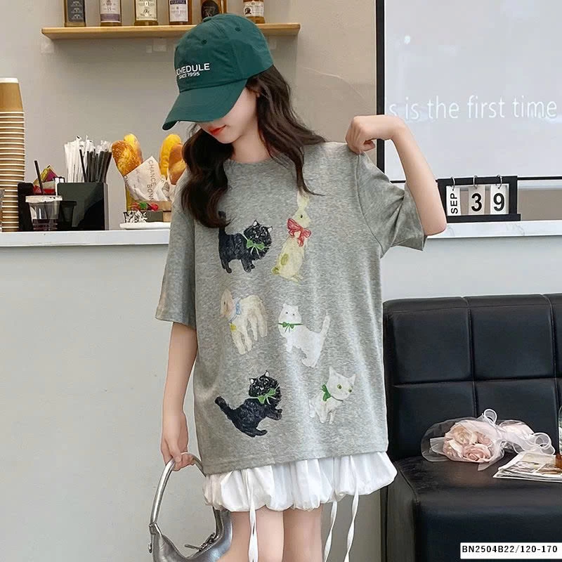 ÁO THUN IN MÈO THỎ MIX QUẦN VÁY TRẮNG