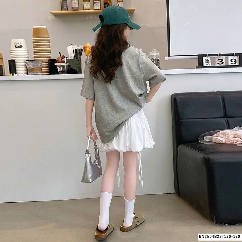 ÁO THUN IN MÈO THỎ MIX QUẦN VÁY TRẮNG