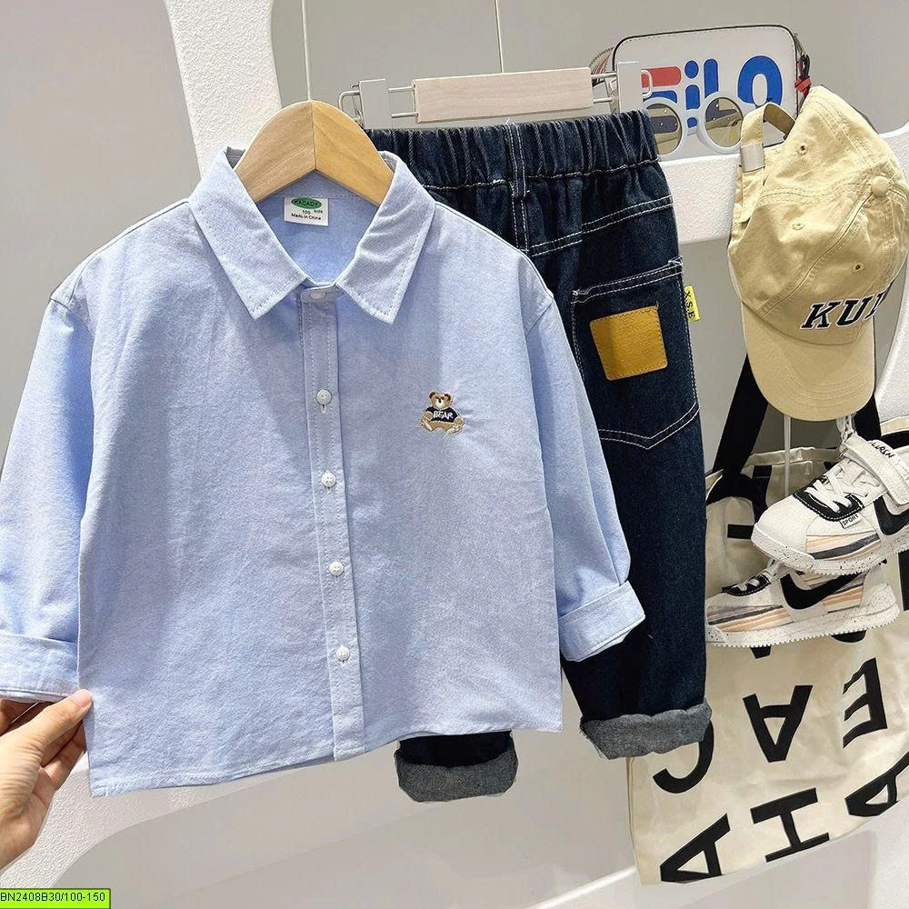 ÁO SƠ MI CỔ BẺ THÊU GẤU BEAR KACADY