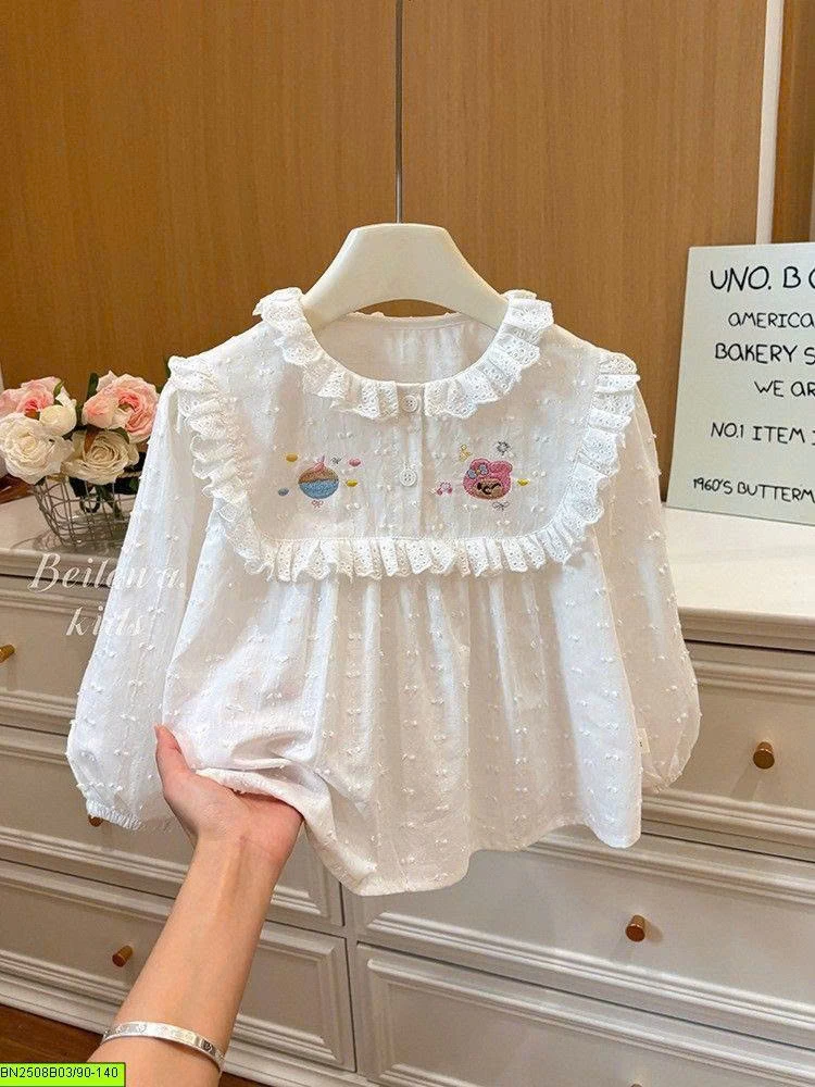 ÁO SƠ MI BÉ THÊU CỔ REN