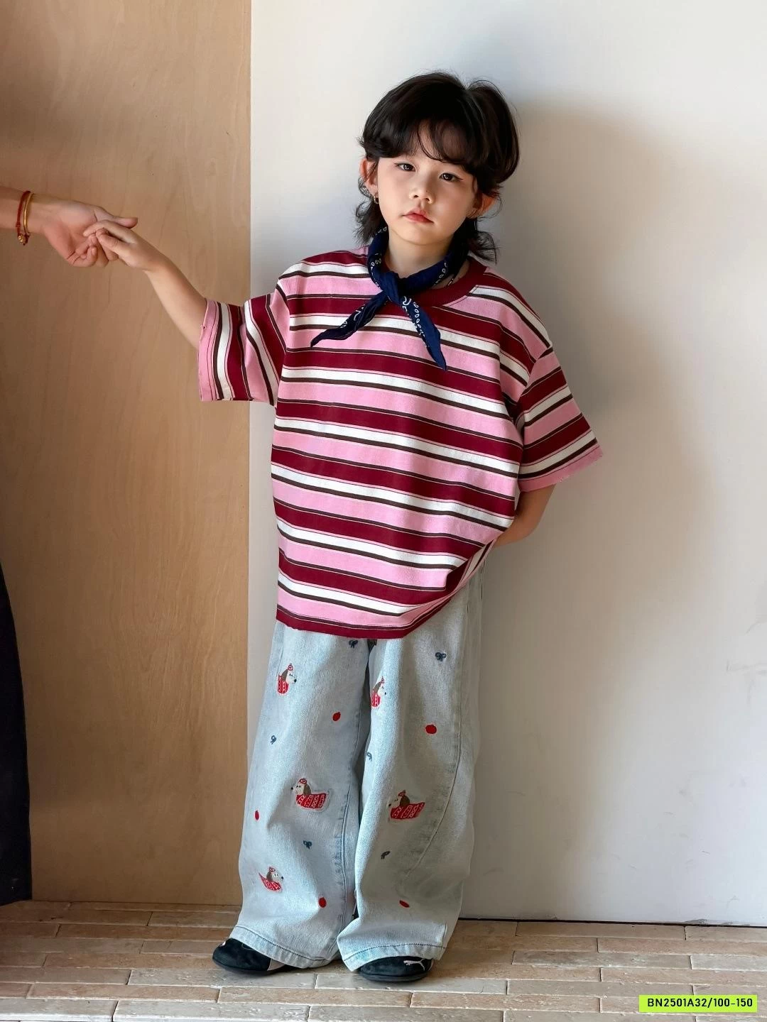 ÁO THUN KẺ MIX JEANS THÊU CÚN