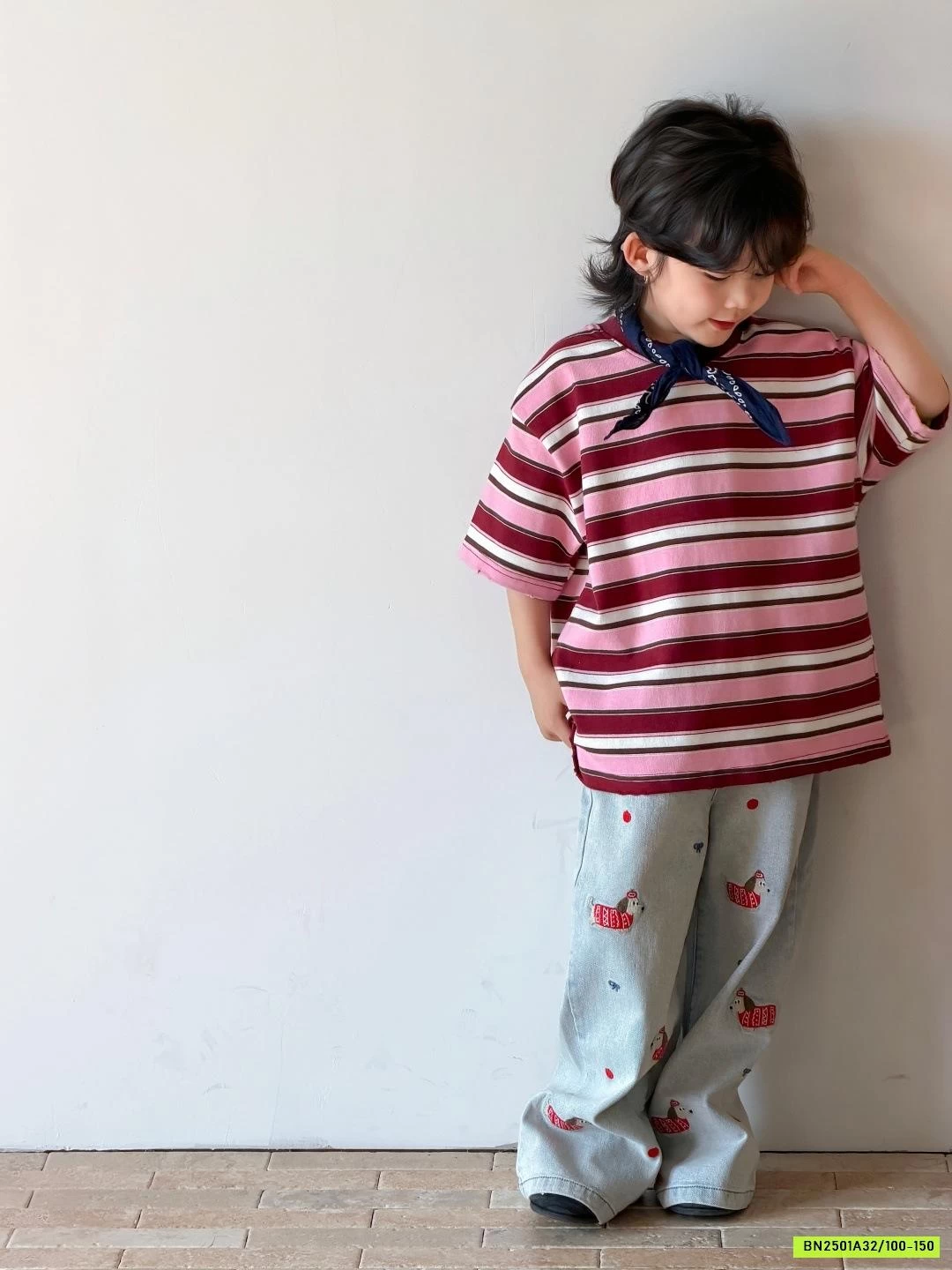 ÁO THUN KẺ MIX JEANS THÊU CÚN