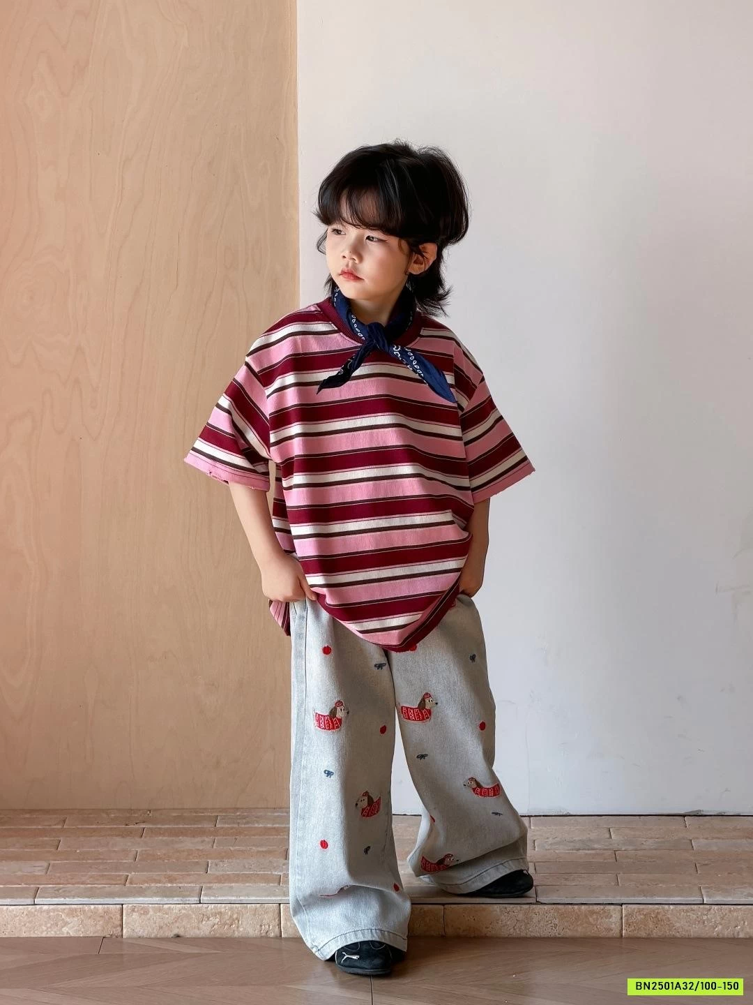 ÁO THUN KẺ MIX JEANS THÊU CÚN