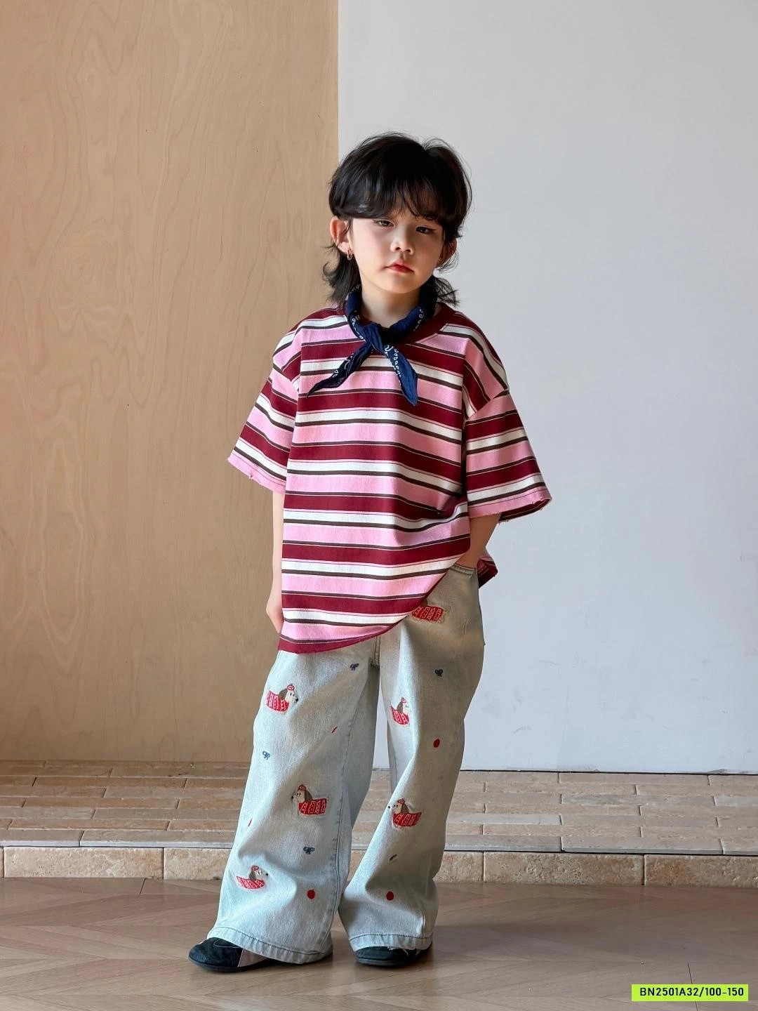 ÁO THUN KẺ MIX JEANS THÊU CÚN