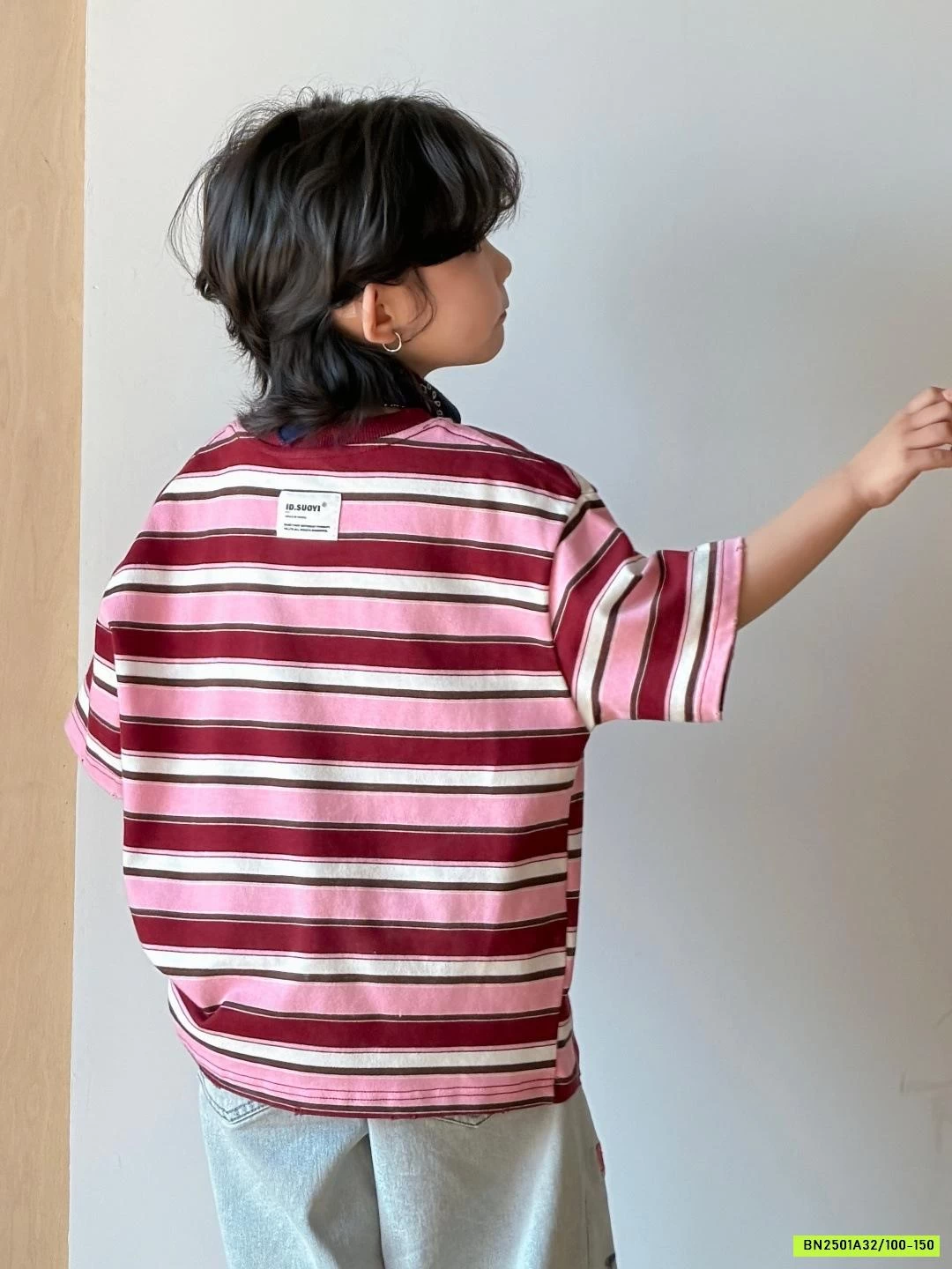 ÁO THUN KẺ MIX JEANS THÊU CÚN