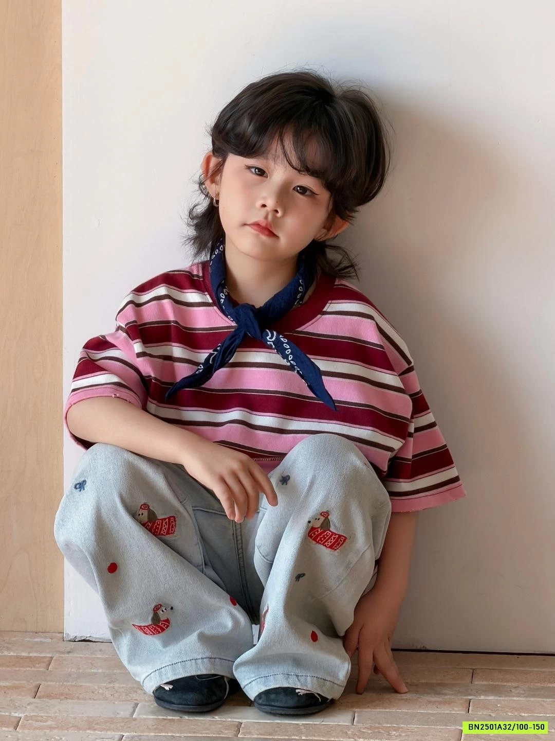 ÁO THUN KẺ MIX JEANS THÊU CÚN