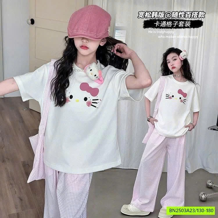SET ÁO THUN KITTY MIX QUẦN KẺ HỒNG